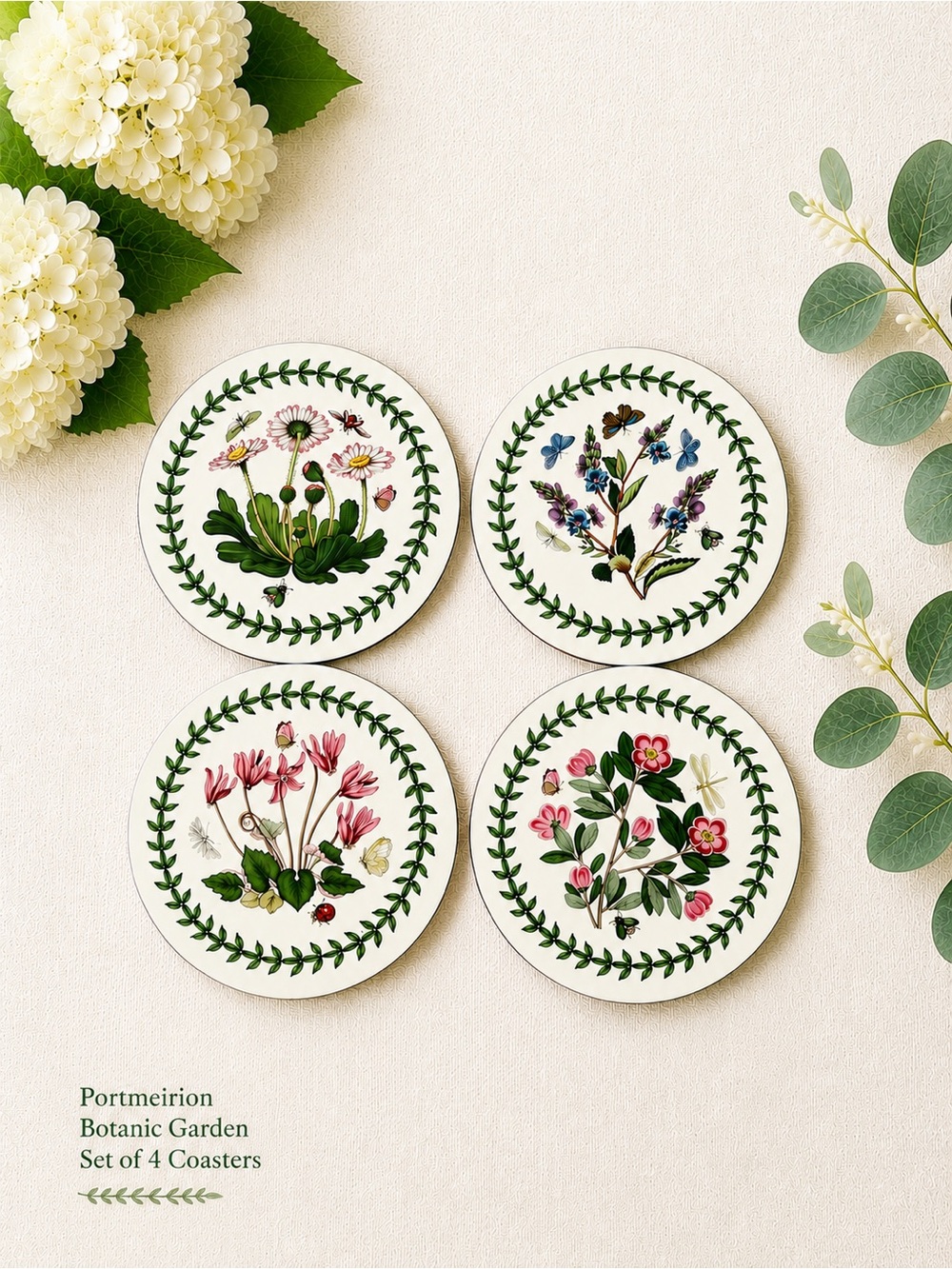 Portmeirion Botanic Garden Round Coasters Set of 4 Assorted Motifs w/ Box